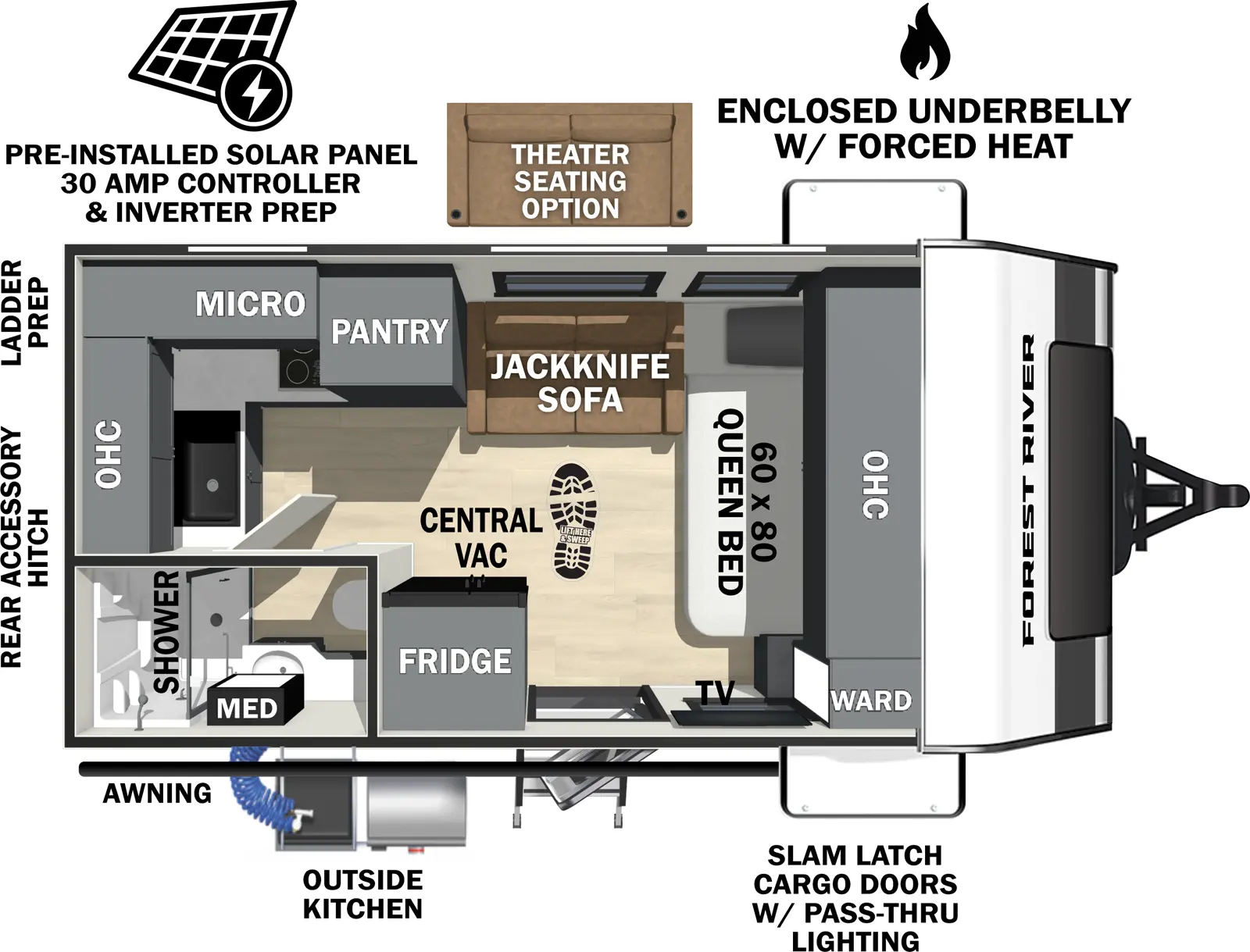 The Ibex 16MRJ floorplan has one entry and zero slide outs. Exterior features include: fiberglass exterior, 12' awning and outside kitchen. Interiors features include: front bedroom.
